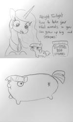 Size: 1809x3022 | Tagged: safe, artist:tjpones, princess celestia, twilight sparkle, alicorn, pony, unicorn, black and white, comic, dialogue, female, grayscale, mare, monochrome, sausage pony, simple background, sketch, stronk, traditional art, twiggie, white background