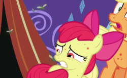 Size: 829x512 | Tagged: safe, screencap, apple bloom, applejack, earth pony, fly-der, pony, campfire tales, animated, female, filly, fly-der bite, foal, gif, horses doing horse things, mare, solo focus, tail wag