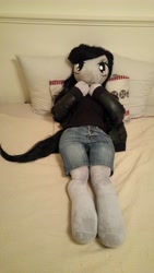 Size: 2988x5312 | Tagged: safe, artist:bigsexyplush, artist:somethingaboutoctavia, octavia melody, anthro, absurd resolution, anthro plushie, bed, bedroom eyes, biker, clothes, cute, denim, doll, frightened, irl, jacket, leather, leather jacket, photo, plushie, scared, shirt, shorts, silly, solo, tavibetes, toy