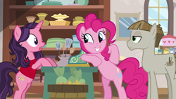 Size: 1920x1080 | Tagged: safe, screencap, mudbriar, pinkie pie, earth pony, pony, unicorn, the maud couple, background pony, female, jiffy bake, male, mare, rachael ray, shopkeeper, stallion