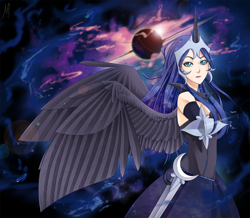 Size: 2000x1740 | Tagged: safe, artist:margony, nightmare moon, human, clothes, horned humanization, humanized, light skin, solo, sword, winged humanization