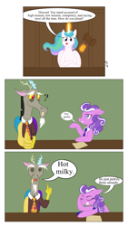 Size: 1081x1922 | Tagged: safe, artist:sixes&sevens, discord, princess celestia, screwball, alicorn, draconequus, pony, comic, folder, frustrated, gavel, necktie, question mark, simple background, trial, whispering