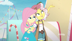 Size: 1366x768 | Tagged: safe, screencap, fluttershy, vignette valencia, better together, equestria girls, rollercoaster of friendship, armpits, discovery family logo, geode of fauna