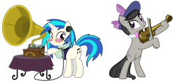 Size: 4447x2106 | Tagged: safe, artist:sketchmcreations, dj pon-3, octavia melody, vinyl scratch, earth pony, pony, unicorn, a hearth's warming tail, absurd resolution, bipedal, bowtie, cutie mark, female, glasses, hat, hooves, horn, inkscape, mare, phonograph, simple background, smiling, sunglasses, transparent background, vector, victrola scratch, violin