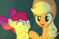 Size: 1095x720 | Tagged: safe, screencap, apple bloom, applejack, earth pony, pony, campfire tales, cropped, discovery family logo