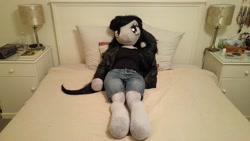 Size: 5312x2988 | Tagged: safe, artist:bigsexyplush, artist:somethingaboutoctavia, octavia melody, anthro, absurd resolution, anthro plushie, bed, bedroom eyes, biker, clothes, cute, denim, doll, irl, jacket, leather, leather jacket, photo, plushie, shirt, shorts, solo, toy