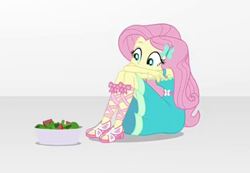 Size: 368x254 | Tagged: safe, screencap, fluttershy, better together, equestria girls, rollercoaster of friendship, crossed arms, cute, feet, food, salad, sandals, sitting, solo, stress salad