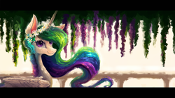 Size: 1920x1080 | Tagged: safe, artist:plainoasis, princess celestia, alicorn, pony, beautiful, computer, female, floral head wreath, flower, looking at you, mare, smiling, solo