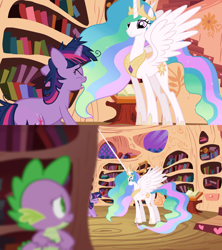 Size: 1920x2160 | Tagged: safe, artist:sollace, edit, edited screencap, screencap, princess celestia, spike, twilight sparkle, unicorn twilight, alicorn, dragon, pony, unicorn, lesson zero, absurdly long horn, book, bookshelf, ethereal mane, female, golden oaks library, library, spread wings, the celestia effect, wings