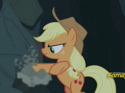 Size: 635x474 | Tagged: safe, screencap, applejack, earth pony, pony, campfire tales, animated, cowboy hat, gif, hat, rock digging, solo