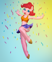 Size: 1700x2000 | Tagged: safe, artist:foxyghost, pinkie pie, anthro, earth pony, unguligrade anthro, :p, armpits, clothes, cute, diapinkes, female, fun, legs, mare, moe, ponk, silly, skirt, skirt lift, solo, tanktop, tongue out