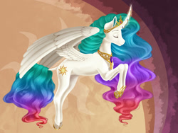 Size: 900x675 | Tagged: safe, artist:redded, princess celestia, alicorn, pony, crown, curved horn, eyes closed, female, hoof shoes, horn, horn jewelry, jewelry, mare, peytral, regalia, solo