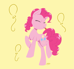 Size: 1243x1160 | Tagged: safe, artist:imaplatypus, part of a set, pinkie pie, earth pony, pony, balloon, cutie mark background, eyes closed, female, head turn, mare, raised hoof, simple background, smiling, solo, tongue out, yellow background