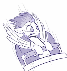 Size: 652x695 | Tagged: safe, artist:sorcerushorserus, flash sentry, pegasus, pony, grayscale, gritted teeth, male, monochrome, roller coaster, simple background, solo, stallion, teary eyes, white background, windswept mane