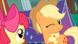 Size: 1920x1080 | Tagged: safe, screencap, apple bloom, applejack, earth pony, pony, campfire tales, one eye closed, tent, wink