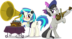 Size: 5994x3207 | Tagged: safe, artist:vector-brony, dj pon-3, octavia melody, vinyl scratch, earth pony, pony, unicorn, a hearth's warming tail, absurd resolution, bipedal, bow (instrument), bowtie, cutie mark, female, fiddle, glasses, gramophone, hat, headphones, hooves, horn, jabot, looking at each other, mare, music notes, musical instrument, simple background, smiling, sunglasses, table, transparent background, vector, victorian, violin, violin bow, wax cylinder