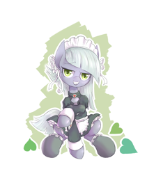 Size: 1280x1451 | Tagged: safe, artist:mlpanon, edit, limestone pie, clothes, cute, grin, heart, inverted mouth, lidded eyes, limabetes, maid, raised eyebrow, raised hoof, sharp teeth, simple background, sitting, smiling, smirk, socks, solo, teeth, white background