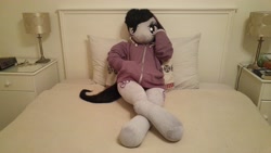 Size: 5312x2988 | Tagged: safe, artist:bigsexyplush, artist:somethingaboutoctavia, octavia melody, anthro, absurd resolution, anthro plushie, bed, bedroom eyes, clothes, crossed legs, cute, doll, hoodie, irl, photo, plushie, solo, toy