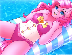 Size: 3430x2600 | Tagged: safe, artist:twistedscarlett60, pinkie pie, anthro, earth pony, better together, equestria girls, forgotten friendship, adorasexy, air mattress, blushing, breasts, cleavage, clothes, cute, female, float, lidded eyes, looking at you, mare, on back, open mouth, pinkie pies, sexy, solo, swimming pool, swimsuit