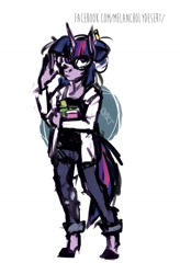 Size: 867x1319 | Tagged: safe, artist:lya, derpibooru import, twilight sparkle, anthro, unguligrade anthro, book, clothes, colored, digital art, glasses, kezsüel, lab coat, post-apocalyptic, sketch, solo, standing