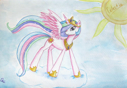 Size: 3817x2664 | Tagged: safe, artist:0okami-0ni, princess celestia, alicorn, pony, cloud, solo, sun, traditional art