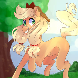 Size: 1024x1024 | Tagged: safe, artist:emily-826, applejack, earth pony, pony, raised hoof, smiling, solo, tree