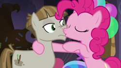 Size: 1920x1080 | Tagged: safe, screencap, mudbriar, pinkie pie, earth pony, pony, the maud couple, duo, eyes closed, not what it looks like, out of context, party cave, personal space invasion, uncomfortable