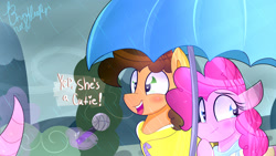 Size: 1920x1080 | Tagged: safe, artist:lynchristina, cheese sandwich, pinkie pie, earth pony, pony, cheesepie, female, glowing horn, heart eyes, male, mare, microphone, offscreen character, shipping, special feeling, stallion, straight, umbrella, wingding eyes