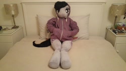 Size: 5312x2988 | Tagged: safe, artist:bigsexyplush, artist:somethingaboutoctavia, octavia melody, anthro, anthro plushie, bed, bedroom eyes, clothes, crossed legs, cute, doll, hoodie, irl, photo, plushie, solo, toy
