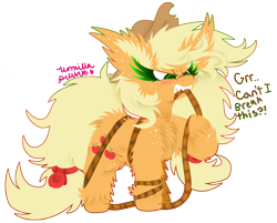 Size: 2160x1738 | Tagged: safe, artist:vanillaswirl6, part of a set, applejack, earth pony, pony, biting, bow, cheek fluff, chest fluff, colored pupils, cowboy hat, dialogue, dock, ear fluff, female, fluffy, freckles, growling, hair bow, hair tie, hat, hoof fluff, mare, rope, scrunchy face, sharp teeth, solo, stetson, tangled up, teeth, unshorn fetlocks