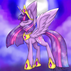 Size: 5000x5000 | Tagged: safe, artist:allisonbacker, derpibooru import, twilight sparkle, twilight sparkle (alicorn), alicorn, pony, absurd resolution, cloud, eyes closed, moon, solo, spread wings