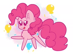 Size: 2132x1576 | Tagged: safe, artist:kittyrosie, pinkie pie, earth pony, pony, balloon, blush sticker, blushing, chest fluff, chibi, ear fluff, female, mare, simple background, solo, tongue out, white background