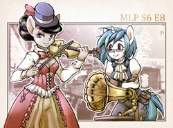 Size: 1280x951 | Tagged: safe, artist:hobilo, dj pon-3, octavia melody, vinyl scratch, anthro, a hearth's warming tail, bowtie, cleavage, clothes, corset, female, gramophone, hat, looking at you, violin