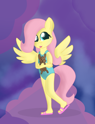 Size: 2550x3300 | Tagged: safe, artist:skyflys, fluttershy, anthro, pegasus, plantigrade anthro, clothes, cute, female, filly, filly fluttershy, one-piece swimsuit, sandals, solo, spread wings, swimsuit, wings, younger