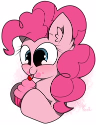 Size: 1585x2048 | Tagged: safe, artist:kittyrosie, pinkie pie, earth pony, pony, cherry, cupcake, cute, diapinkes, ear fluff, female, food, licking, mare, simple background, solo, tongue out, white background