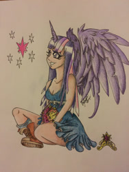 Size: 1024x1365 | Tagged: safe, artist:bpdmommy, derpibooru import, twilight sparkle, twilight sparkle (alicorn), alicorn, human, big crown thingy, book, boots, clothes, converse, dress, element of magic, horned humanization, humanized, jewelry, regalia, shoes, sitting, solo, traditional art, winged humanization