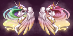 Size: 4000x2000 | Tagged: safe, artist:cloud-dash, artist:vera-li, princess celestia, alicorn, pony, abstract background, beautiful, chest fluff, colored wings, duality, ear fluff, ethereal mane, female, jewelry, looking at each other, looking sideways, mare, pink-mane celestia, regalia, solo, starry mane, wings