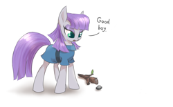 Size: 1000x619 | Tagged: safe, artist:mlpanon, edit, boulder (pet), maud pie, earth pony, pony, clothes, female, fetch, mare, simple background, solo, stick, white background