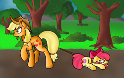 Size: 5000x3176 | Tagged: safe, artist:sunrise-shine-02, apple bloom, applejack, earth pony, pony, atg 2017, duo, newbie artist training grounds, solo, tied up