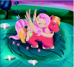 Size: 1024x938 | Tagged: safe, artist:cianna200, big macintosh, fluttershy, pegasus, pony, eyes closed, female, fluttermac, hug, hug from behind, male, neck hug, shipping, straight, straw in mouth