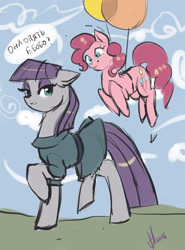 Size: 2000x2700 | Tagged: safe, artist:xjenn9, derpibooru exclusive, maud pie, pinkie pie, pony, balloon, cyrillic, duo, floating, russian, sketch, then watch her balloons lift her up to the sky, translated in the comments, vulgar