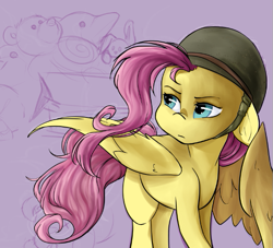 Size: 581x528 | Tagged: safe, artist:midnightpremiere, fluttershy, dolphin, pegasus, pony, rabbit, box, female, helmet, looking back, mare, plushie, purple background, simple background, sketch, solo, teddy bear, wip