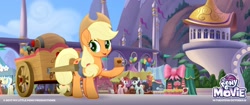 Size: 2048x858 | Tagged: safe, screencap, applejack, earth pony, pony, my little pony: the movie, canterlot, cart, cider