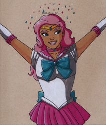 Size: 1024x1200 | Tagged: safe, artist:fires-storm, part of a set, pinkie pie, human, anime, beautiful, clothes, confetti, crossover, cute, dark skin, diapinkes, female, humanized, lipstick, pink lipstick, pleated skirt, sailor laughter, sailor moon, sailor scout, skirt, solo, traditional art, woman