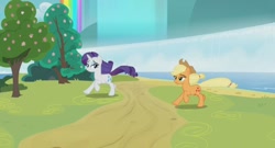 Size: 908x489 | Tagged: safe, screencap, applejack, rarity, earth pony, pony, unicorn, campfire tales, majestic, waterfall