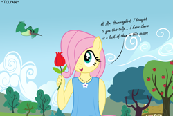 Size: 4849x3251 | Tagged: safe, artist:tolpain, fluttershy, anthro, hummingbird, apple, apple tree, clothes, dialogue, female, flower, food, jewelry, necklace, outdoors, tree, tulip, younger