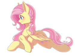 Size: 4000x3000 | Tagged: safe, artist:foxcarp, fluttershy, pegasus, pony, alternate hairstyle, braid, female, looking away, mare, profile, prone, signature, simple background, solo, white background