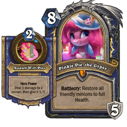 Size: 587x587 | Tagged: safe, artist:vanillaghosties, editor:luxuria, pinkie pie, earth pony, pony, blizzard entertainment, card, clothes, female, food, grin, gypsy pie, hat, hearthpwny, hearthstone, hero card, hero power, mare, pie, simple background, smiling, squee, transparent background, warcraft