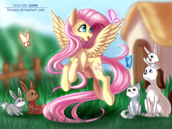 Size: 1600x1200 | Tagged: safe, artist:foxcarp, fluttershy, butterfly, cat, dog, pegasus, pony, rabbit, chest fluff, cutie mark, female, grass, head turn, looking at something, smiling, spread wings, wings