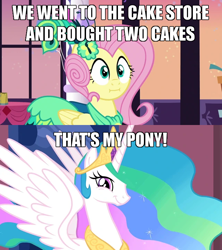 Size: 640x720 | Tagged: safe, edit, edited screencap, screencap, fluttershy, princess celestia, alicorn, pegasus, pony, make new friends but keep discord, the return of harmony, :i, :t, cake, cakelestia, caption, clothes, comic, crossing the memes, dress, faic, food, image macro, looking at you, meme, screencap comic, smiling, smirk, spread wings, text, that's my pony, that's my x, twiface, we bought two cakes, wings
